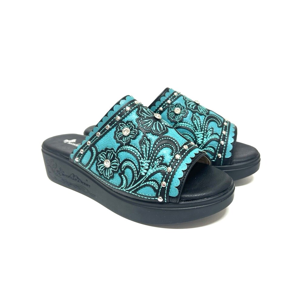 Montana West Embroidered Rhinestone studded Turquoise Wedge Platform Sandals 7